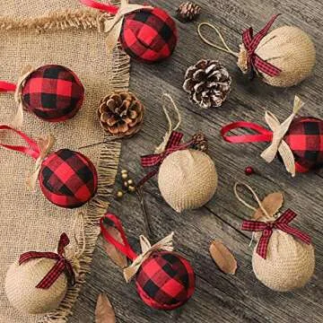Ivenf Christmas Tree Decorations, 12pcs Buffalo Plaid Burlap Farmhouse Christmas Ornaments, Red Black Country Xmas Decor Indoor, Cute Rustic Xmas Ball for Home Office Family Holiday Party, Unbreakable