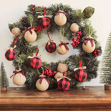 Ivenf Christmas Tree Decorations, 12pcs Buffalo Plaid Burlap Farmhouse Christmas Ornaments, Red Black Country Xmas Decor Indoor, Cute Rustic Xmas Ball for Home Office Family Holiday Party, Unbreakable