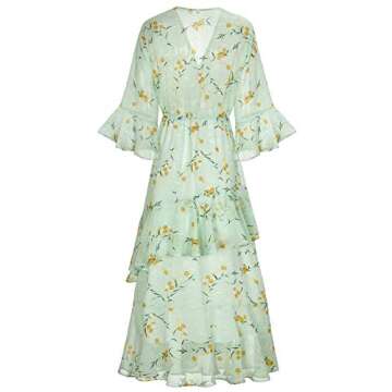 XINUO Womens Dresses Yellow Floral Maxi Dress V Neck High Waist Chiffon Beach Summer Party Casual Long Dresses