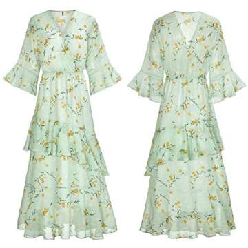 XINUO Womens Dresses Yellow Floral Maxi Dress V Neck High Waist Chiffon Beach Summer Party Casual Long Dresses