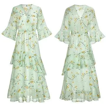 XINUO Womens Dresses Yellow Floral Maxi Dress V Neck High Waist Chiffon Beach Summer Party Casual Long Dresses