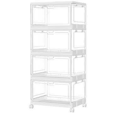 Clear Storage Bins with Lid 24Qt, 4 Pack Stackable Storage Bins, Acrylic Organizers , Plastic Multifunctional Folding Storage Bins, Plastic Stackable Storage Box for Bedroom, Living Room, Office