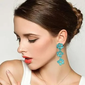 YUNXI Boho Metal Poppy Flower Dangle Earring Matte Painted Dual 3 Layer Tassel Fashion Bohemian Flower Floral Petal Tiered Drop for Women (Green)