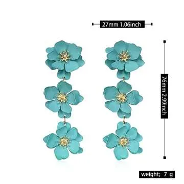 YUNXI Boho Metal Poppy Flower Dangle Earring Matte Painted Dual 3 Layer Tassel Fashion Bohemian Flower Floral Petal Tiered Drop for Women (Green)