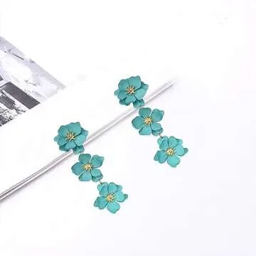 YUNXI Boho Metal Poppy Flower Dangle Earring Matte Painted Dual 3 Layer Tassel Fashion Bohemian Flower Floral Petal Tiered Drop for Women (Green)