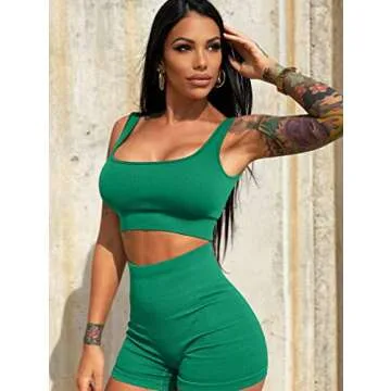 OQQ Women's 3 Piece Yoga Shorts Ribbed Seamless Workout High Waist Athletic Leggings Green Grassgreen Orange