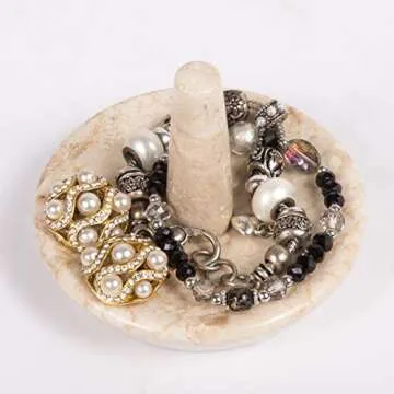 Creative Home Natural Champagne Marble Ring Holder Jewelry Storage Tray Holder Bathroom Vanity Countertop Accessories Organizer, 4" Diameter, Beige