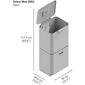 Joseph Joseph Totem Max 60 liter Waste Separation and Recycling Kitchen Trash Can with Odor filter and removable food waste caddy, Stone