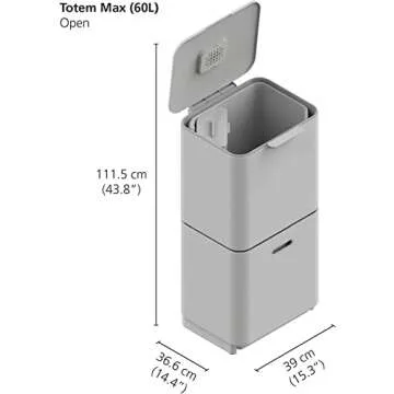 Joseph Joseph Totem Max 60 liter Waste Separation and Recycling Kitchen Trash Can with Odor filter and removable food waste caddy, Stone