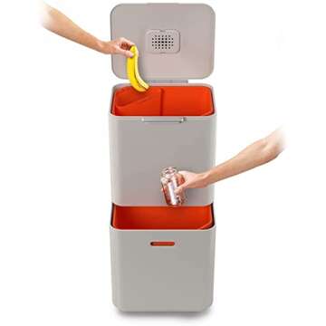 Joseph Joseph Totem Max 60 liter Waste Separation and Recycling Kitchen Trash Can with Odor filter and removable food waste caddy, Stone