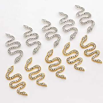 Noverlife 10PCS Snake-Shape Nail Art Charms with Rhinestones, Gold & Sliver Snake Wave Nail Studs Diamonds, Retro Nail Jewelry Accessories for DIY Crafts Nail Art Decorations