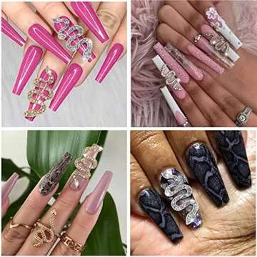 Noverlife 10PCS Snake-Shape Nail Art Charms with Rhinestones, Gold & Sliver Snake Wave Nail Studs Diamonds, Retro Nail Jewelry Accessories for DIY Crafts Nail Art Decorations