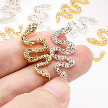 Noverlife 10PCS Snake-Shape Nail Art Charms with Rhinestones, Gold & Sliver Snake Wave Nail Studs Diamonds, Retro Nail Jewelry Accessories for DIY Crafts Nail Art Decorations