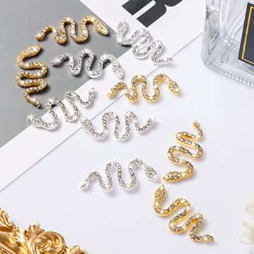Noverlife 10PCS Snake-Shape Nail Art Charms with Rhinestones, Gold & Sliver Snake Wave Nail Studs Diamonds, Retro Nail Jewelry Accessories for DIY Crafts Nail Art Decorations