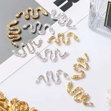 Noverlife 10PCS Snake-Shape Nail Art Charms with Rhinestones, Gold & Sliver Snake Wave Nail Studs Diamonds, Retro Nail Jewelry Accessories for DIY Crafts Nail Art Decorations