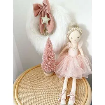 MON AMI Festive Fur Wreath, Soft Plush Christmas Door Wreath & Winter Wreath with Festive Pink Bow and Gold Stars, Christmas Decoration, Wall Decor 12 inches