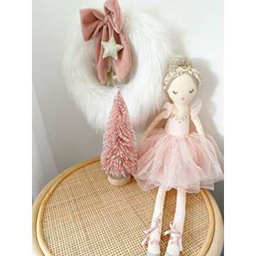 MON AMI Festive Fur Wreath, Soft Plush Christmas Door Wreath & Winter Wreath with Festive Pink Bow and Gold Stars, Christmas Decoration, Wall Decor 12 inches