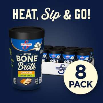 Swanson Sipping Bone Broth, Chicken Bone Broth with Ginger & Turmeric, 10.75 Ounce Sipping Cup (Pack of 8)
