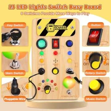 TINTECUSA Busy Board Montessori Toys for Toddler, Wooden Sensory Board Switch Toy with Color-Changing LED Light Up Travel Toys Educational Plane Travel Activity for 1-6 Year Old Girls & Boys Gifts