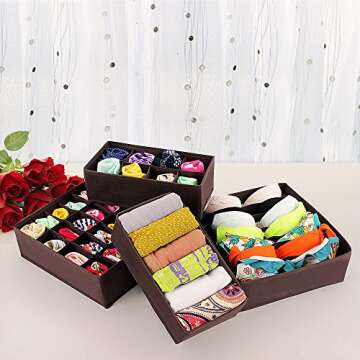 SONGMICS Drawer Organizers, Collapsible Closet Dividers for Bras, Underwear, Socks, Ties and Scarves, Foldable Storage Boxes, Set of 4, Brown URUS04K