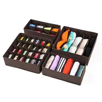 SONGMICS Drawer Organizers, Collapsible Closet Dividers for Bras, Underwear, Socks, Ties and Scarves, Foldable Storage Boxes, Set of 4, Brown URUS04K