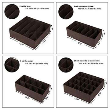 SONGMICS Drawer Organizers, Collapsible Closet Dividers for Bras, Underwear, Socks, Ties and Scarves, Foldable Storage Boxes, Set of 4, Brown URUS04K