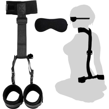 BDSM Neck to Wrist Restraints Bondage Set - Behind Back Handcuffs Collar with Blindfold Adjustable B...