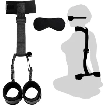 BDSM Neck to Wrist Restraints Bondage Set - Behind Back Handcuffs Collar with Blindfold Adjustable B...