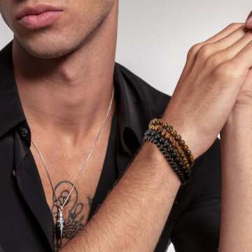 RANKEEF Mens Beaded Bracelets Set - Lightweight 6mm/8mm Natural Stone Bracelet