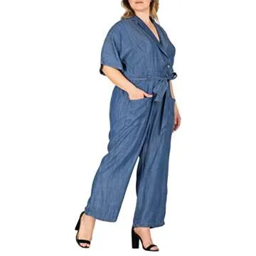 Standards & Practices Women's Plus Size Tencel Denim Kimono Sleeves Tie Wrap Jumpsuit
