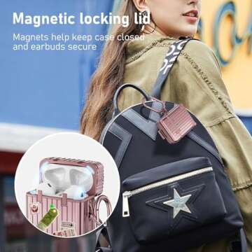 V-MORO Suitcase Case Compatible with AirPods 2nd/1st Generation, Cute Fashion Protective Hard Case with Keychain for Women and Men Rose Gold