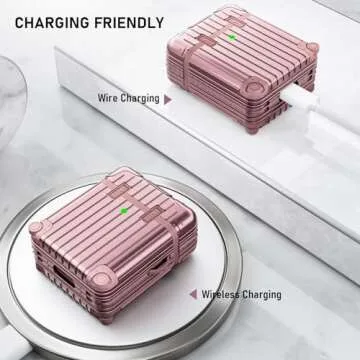 V-MORO Suitcase Case Compatible with AirPods 2nd/1st Generation, Cute Fashion Protective Hard Case with Keychain for Women and Men Rose Gold