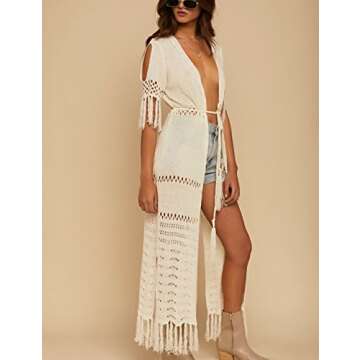 Bsubseach Sexy Beige Crochet Tassel Long Bikini Swimsuit Cover Ups for Women Hollow Out Swimwear Knitted Kimono Cover Up
