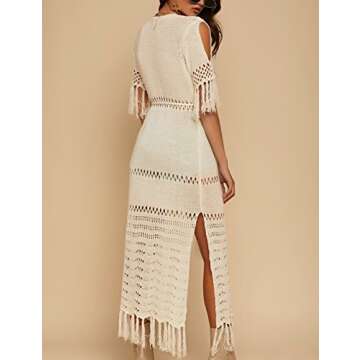 Bsubseach Sexy Beige Crochet Tassel Long Bikini Swimsuit Cover Ups for Women Hollow Out Swimwear Knitted Kimono Cover Up