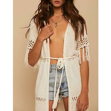 Bsubseach Sexy Beige Crochet Tassel Long Bikini Swimsuit Cover Ups for Women Hollow Out Swimwear Knitted Kimono Cover Up