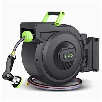 MYTOL Retractable Garden Hose Reel, 1/2 Inch x 100 ft + 6 ft Wall Mount Hose Reel with Automatic Slo...