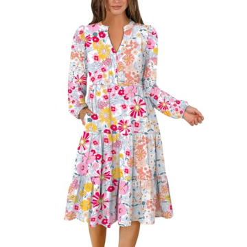 ANRABESS Long Sleeve Dress for Women V Neck 2025 Spring Fashion Casual Loose Fit Flowy Swing Tiered ...