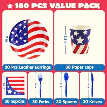 JOYIN 180 Pcs Patriotic Party Supplies Dinnerware Set of 30 Plates,30 Napkins,30 Paper Cups and 90 Plastic Utensils for 4th of July Celebration, Memorial Day, Patriotic Party Decoration (Serves 30)