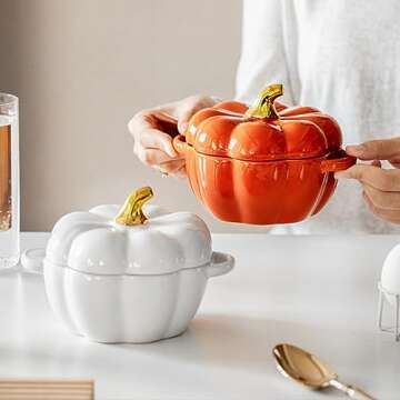 FTNESGYM Cute Bowl, Pumpkin Ceramic Bowl with Lid, Microwave & Dishwasher Safe Dessert or Soup Bowl ...