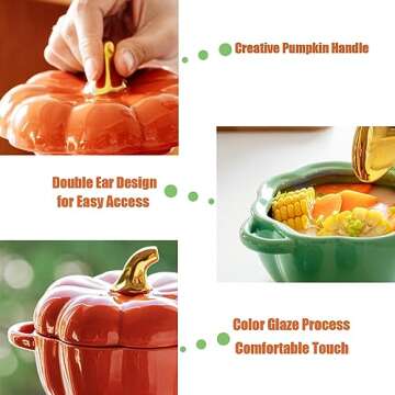 FTNESGYM Cute Bowl, Pumpkin Ceramic Bowl with Lid, Microwave & Dishwasher Safe Dessert or Soup Bowl with Handle, Decor Dinnerware for Thanksgiving Halloween Pumpkin Party (White)