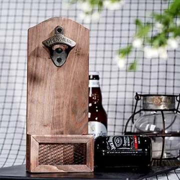 Bottle Opener with Cap Collector Catcher,Vintage Wooden Wall Mounted Bottle Opener，Ideal Gift for Men and Beer Lovers, Use as Bar Decoration.