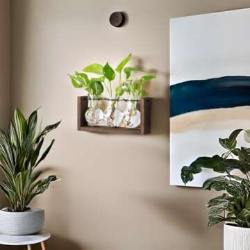 Mkono Plant Propagation Station with Wooden Stand, Wall Hanging Glass Planter Tabletop Terrarium Bulb Vase for Hydroponics Plants Home Office Decor