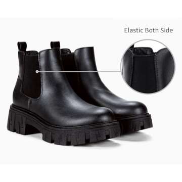 Jeossy Women's Black Chelsea Combat Boots, Platform Ankle Boots Chunky Heel, Fashion Lug Sole Slip on Booties with Elastic Band, 9620 Size 6 (DJY9620 Black 06)