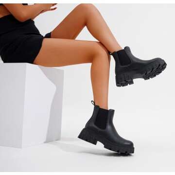 Jeossy Women's Black Chelsea Combat Boots, Platform Ankle Boots Chunky Heel, Fashion Lug Sole Slip on Booties with Elastic Band, 9620 Size 6 (DJY9620 Black 06)