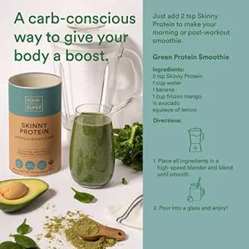 Your Super Skinny Protein Organic Superfood Powder – Plant Based Protein Powder, Made with Essential Amino Acids, Pea and Hemp Protein, Alfalfa, Moringa and Spirulina Powder (26 Servings)