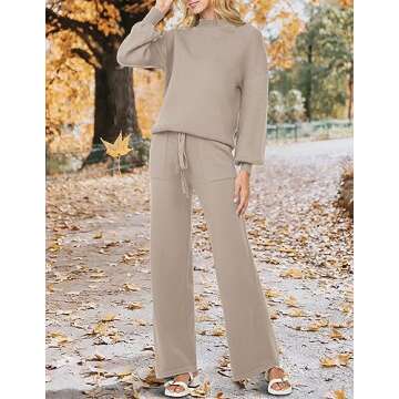 ZESICA Women's 2 Piece Outfits Sweater Set Long Sleeve Mock Neck Knit Pullover and Wide Leg Pants Lounge Sweatsuit Sets,Almond,Medium