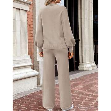 ZESICA Women's 2 Piece Outfits Sweater Set Long Sleeve Mock Neck Knit Pullover and Wide Leg Pants Lounge Sweatsuit Sets,Almond,Medium