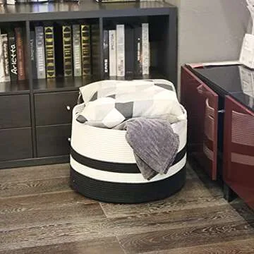 Numyton Extra Large Laundry Basket - Large Storage Basket for Blanket - 22" x22"x 14" - Woven Cotton Rope Basket - for Blankets, Toys, Towels, Clothes - White and Black