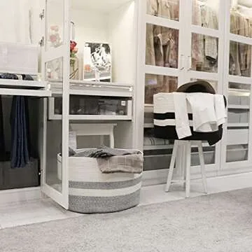 Numyton Extra Large Laundry Basket - Large Storage Basket for Blanket - 22" x22"x 14" - Woven Cotton Rope Basket - for Blankets, Toys, Towels, Clothes - White and Black