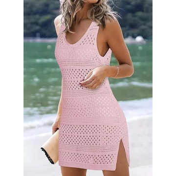 Dokotoo Beach Bathing Suit Cover Ups for Women 2024 Summer Fashion Scoop Neck Sleeveless Hollow Out Knit Crochet Dress Sheer Side Split Casual Resort Wear Coverup Dresses Pink Small